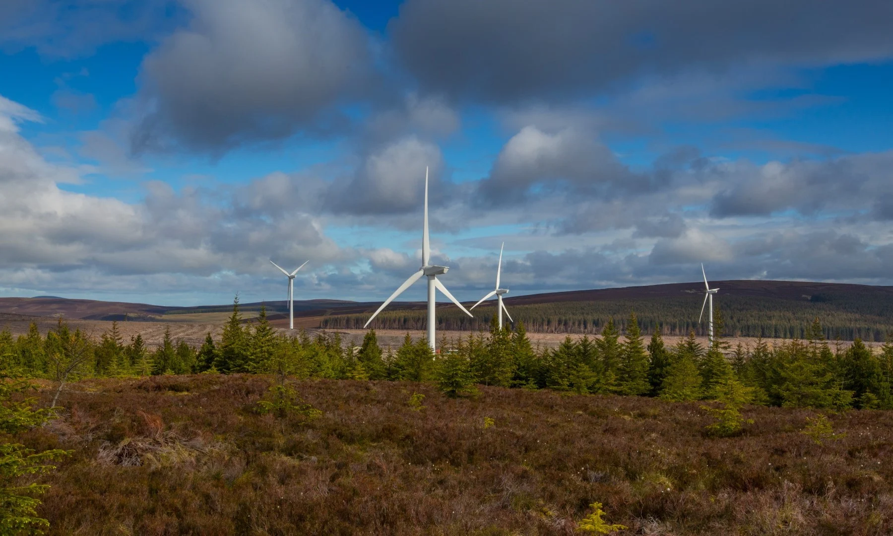 Aerial view of the Clashindarroch Wind Farm site in Aberdeenshire, showcasing the wind turbines in the landscape