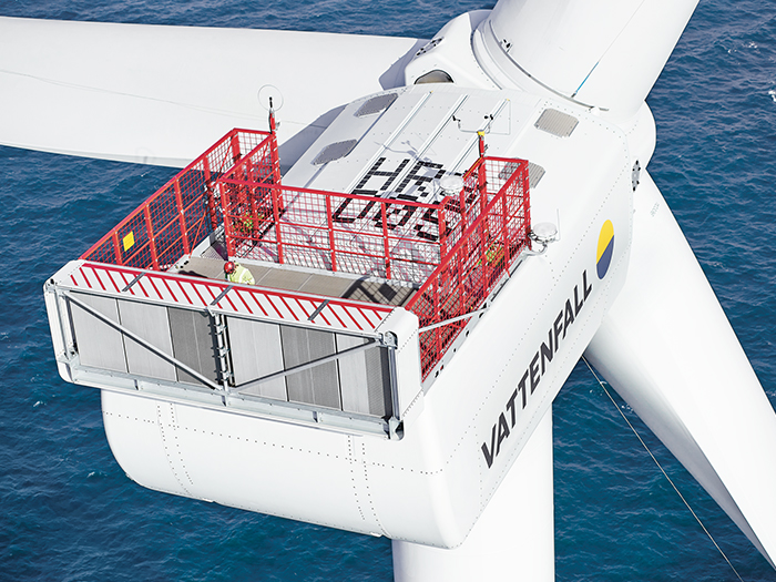 Close-up view of a wind turbine at Horns Rev 3 Offshore Wind Farm