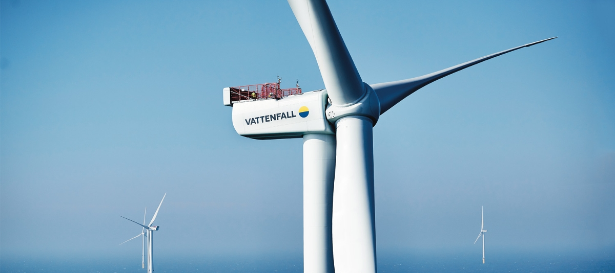 Aerial view of Horns Rev 3 Offshore Wind Farm showing wind turbines in the sea near Esbjerg, Denmark